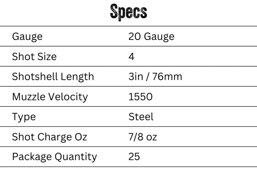 Speed-Shok 20 Gauge 4 Shot Size Specs